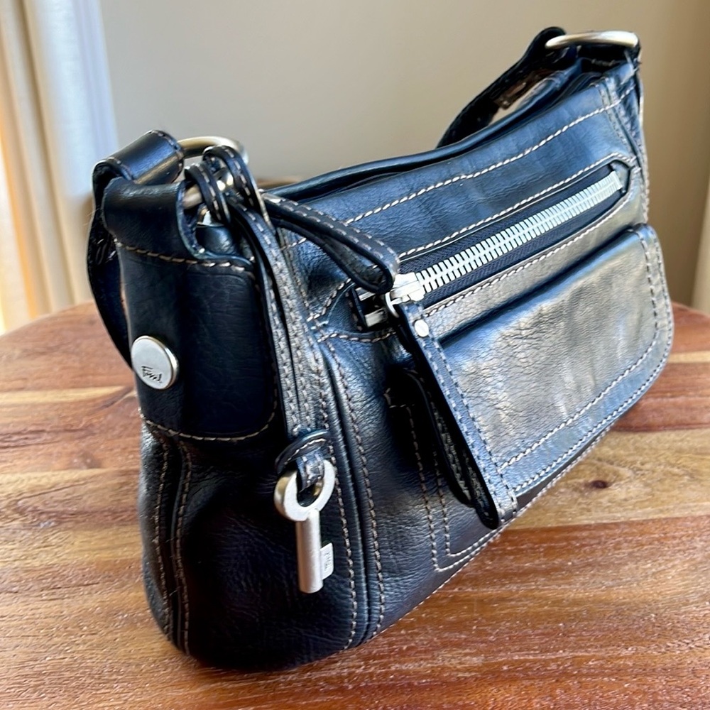 Fossil Black Leather Shoulder Bag with Silver Hardware
